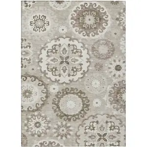 Photo of Taupe Beige And Brown Floral Medallion Washable Indoor Outdoor Area Rug