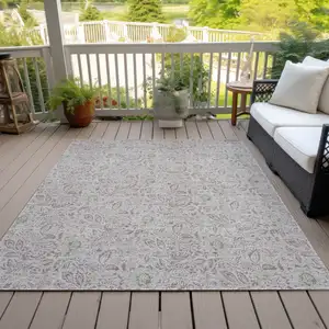 Photo of Taupe Beige And Brown Floral Washable Indoor Outdoor Area Rug