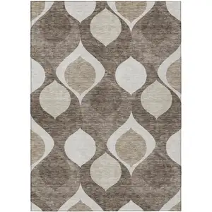 Photo of Taupe Beige And Brown Ogee Washable Indoor Outdoor Area Rug