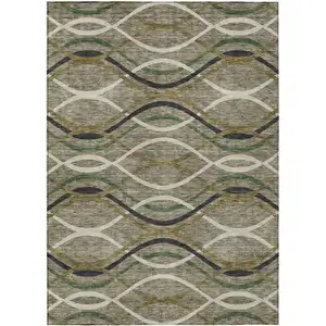 Photo of Taupe Beige And Charcoal Abstract Washable Indoor Outdoor Area Rug