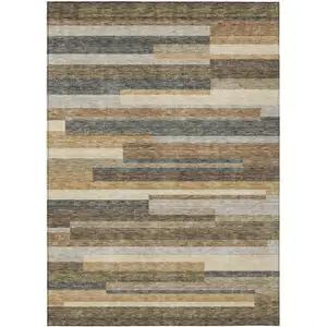 Photo of Taupe Beige And Charcoal Striped Washable Indoor Outdoor Area Rug