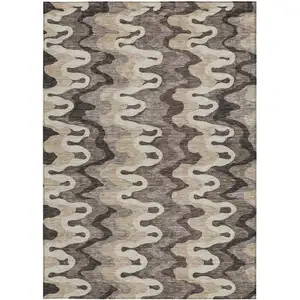 Photo of Taupe Beige And Chocolate Abstract Washable Indoor Outdoor Area Rug