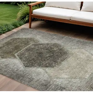 Photo of Taupe Beige And Chocolate Geometric Washable Indoor Outdoor Area Rug