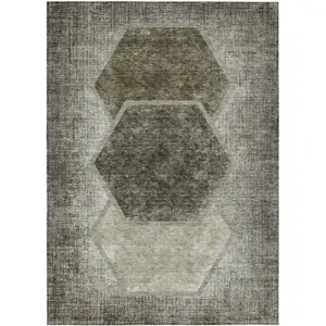 Photo of Taupe Beige And Chocolate Geometric Washable Indoor Outdoor Area Rug