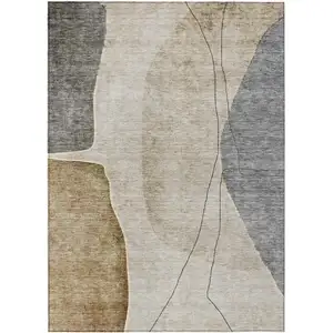 Photo of Taupe Beige And Gray Abstract Washable Indoor Outdoor Area Rug