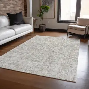 Photo of Taupe Beige And Gray Floral Washable Indoor Outdoor Area Rug