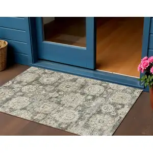 Photo of Taupe Beige And Gray Floral Washable Indoor Outdoor Area Rug