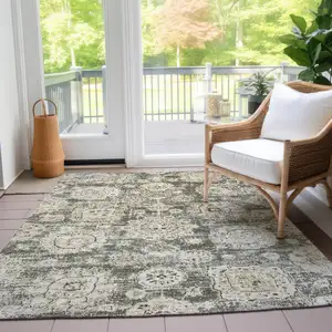 Photo of Taupe Beige And Gray Floral Washable Indoor Outdoor Area Rug