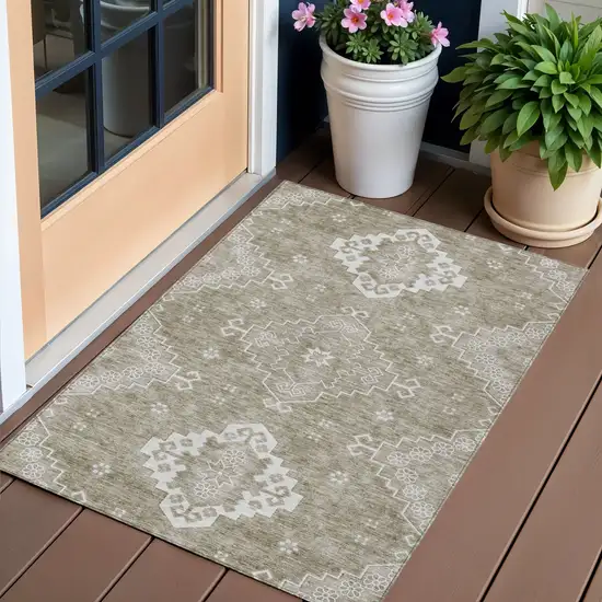 Taupe Beige And Ivory Medallion Washable Indoor Outdoor Area Rug Photo 1