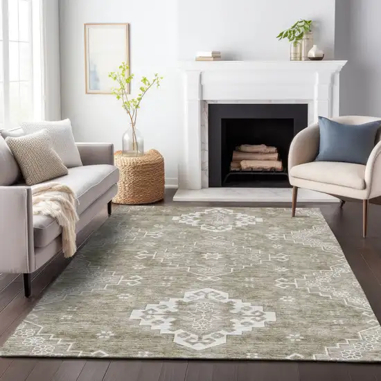 Taupe Beige And Ivory Medallion Washable Indoor Outdoor Area Rug Photo 8