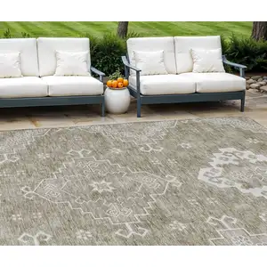 Photo of Taupe Beige And Ivory Medallion Washable Indoor Outdoor Area Rug