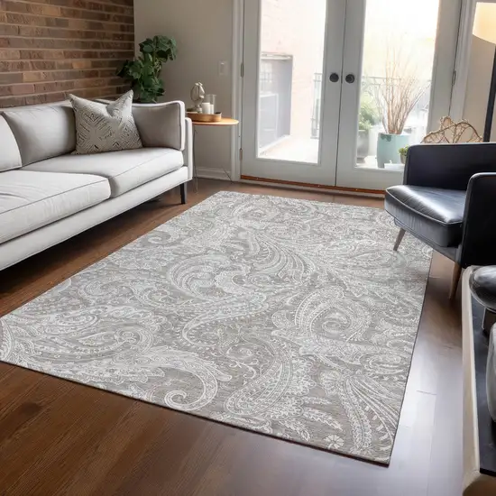 Taupe Beige And Ivory Paisley Washable Indoor Outdoor Area Rug Photo 7