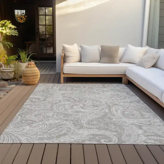 Taupe Beige And Ivory Paisley Washable Indoor Outdoor Area Rug Photo 6