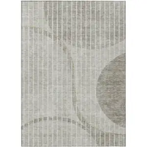 Photo of Taupe Beige And Ivory Striped Washable Indoor Outdoor Area Rug