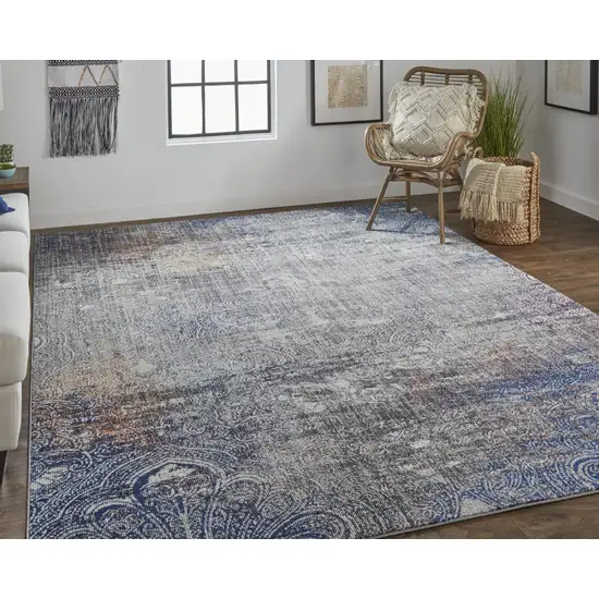 Taupe Blue And Ivory Abstract Power Loom Distressed Stain Resistant Area Rug Photo 5