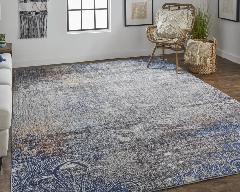 Taupe Blue And Ivory Abstract Power Loom Distressed Stain Resistant Area Rug Photo 5