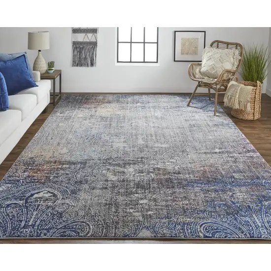 Taupe Blue And Ivory Abstract Power Loom Distressed Stain Resistant Area Rug Photo 4