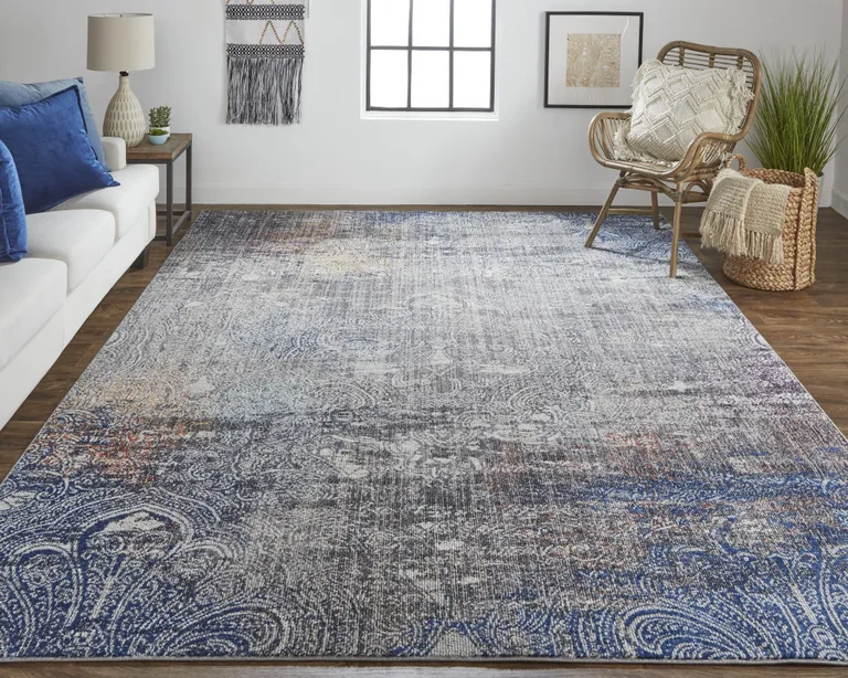 Taupe Blue And Ivory Abstract Power Loom Distressed Stain Resistant Area Rug Photo 4