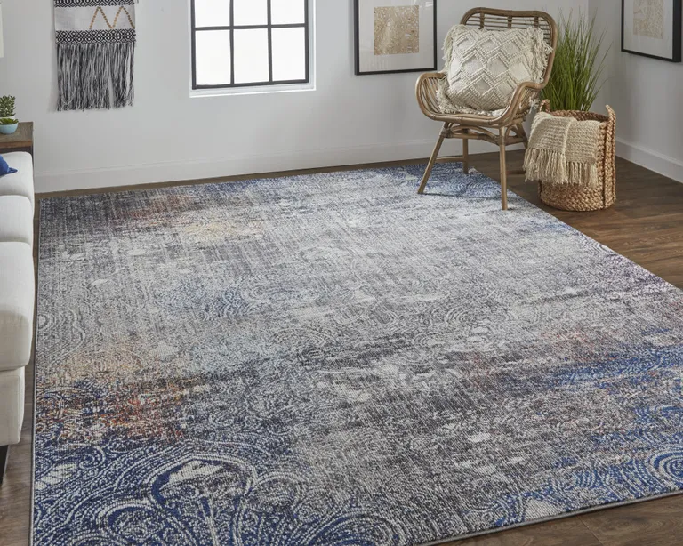 Taupe Blue And Ivory Abstract Power Loom Distressed Stain Resistant Area Rug Photo 1