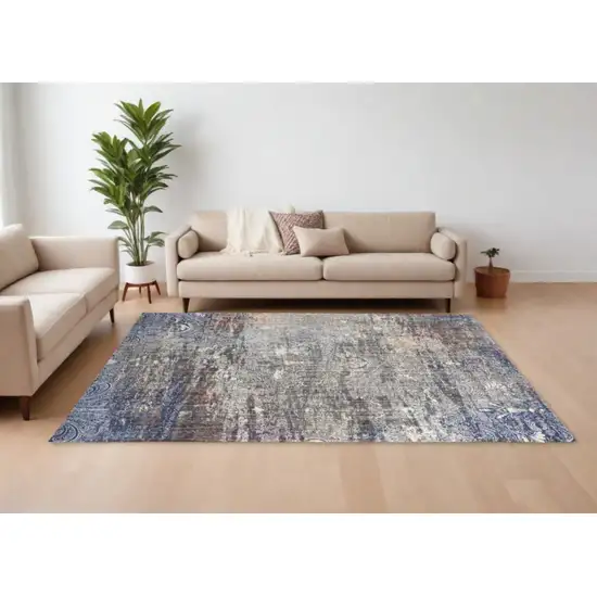 Taupe Blue And Ivory Abstract Power Loom Distressed Stain Resistant Area Rug Photo 2