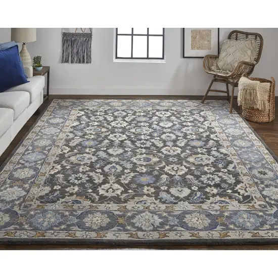 Taupe Blue And Ivory Wool Floral Tufted Handmade Area Rug Photo 1