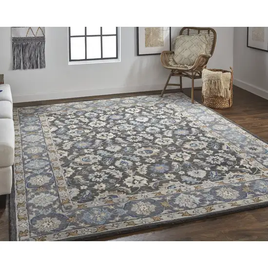 Taupe Blue And Ivory Wool Floral Tufted Handmade Area Rug Photo 2