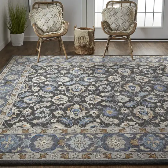 Taupe Blue And Ivory Wool Floral Tufted Handmade Stain Resistant Area Rug Photo 2