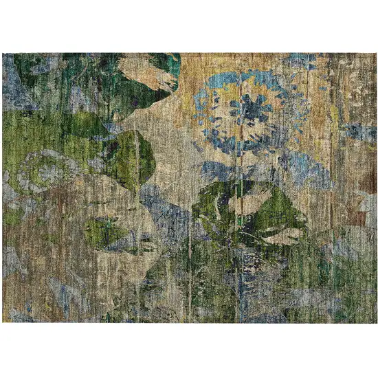 Taupe Blue and Green Floral Washable Non Skid Indoor Outdoor Area Rug Photo 2