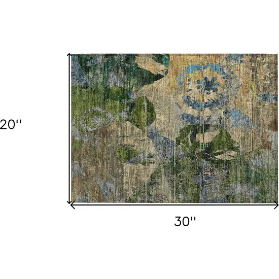 Taupe Blue and Green Floral Washable Non Skid Indoor Outdoor Area Rug Photo 3