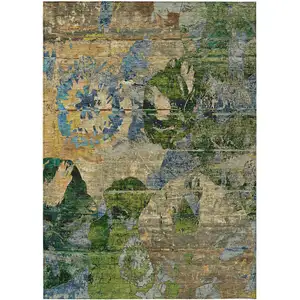 Photo of Taupe Blue and Green Floral Washable Non Skid Indoor Outdoor Area Rug