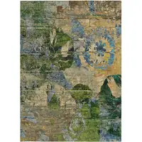 Photo of Taupe Blue and Green Floral Washable Non Skid Indoor Outdoor Area Rug