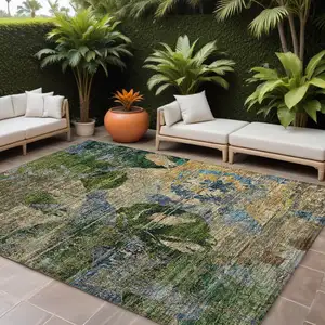 Photo of Taupe Blue and Green Floral Washable Non Skid Indoor Outdoor Area Rug