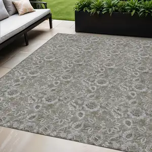 Photo of Taupe Brown And Beige Floral Washable Indoor Outdoor Area Rug