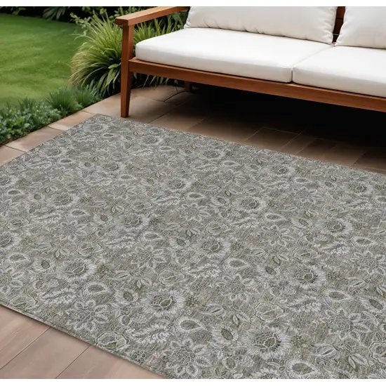 Taupe Brown And Beige Floral Washable Indoor Outdoor Area Rug Photo 1