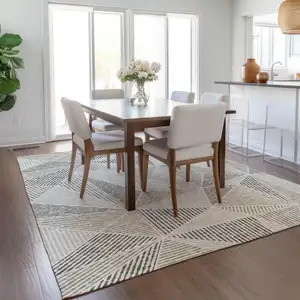 Photo of Taupe Brown And Beige Geometric Washable Indoor Outdoor Area Rug