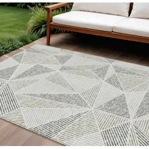 Photo of Taupe Brown And Beige Geometric Washable Indoor Outdoor Area Rug