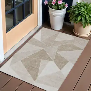 Photo of Taupe Brown And Beige Geometric Washable Indoor Outdoor Area Rug