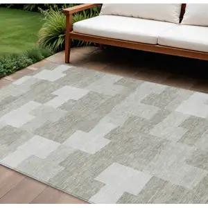 Photo of Taupe Brown And Beige Geometric Washable Indoor Outdoor Area Rug