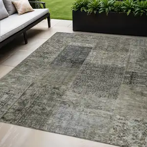 Photo of Taupe Brown And Charcoal Patchwork Washable Indoor Outdoor Area Rug