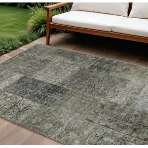 Photo of Taupe Brown And Charcoal Patchwork Washable Indoor Outdoor Area Rug