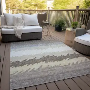 Photo of Taupe Brown And Gray Striped Washable Indoor Outdoor Area Rug