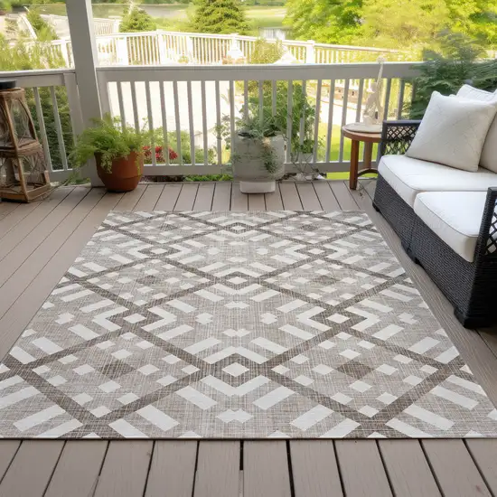 Taupe Brown And Ivory Geometric Washable Indoor Outdoor Area Rug Photo 6