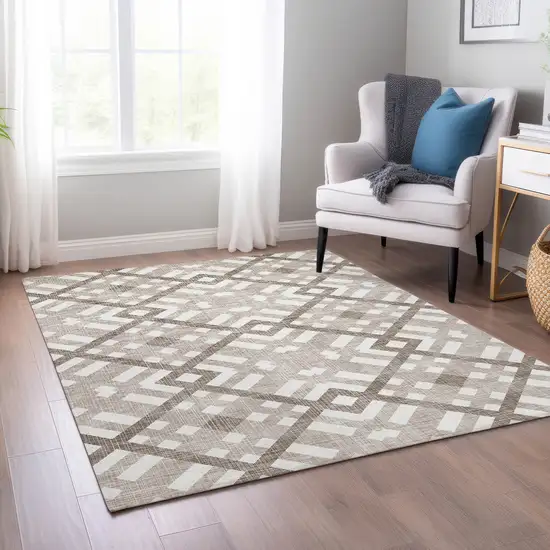 Taupe Brown And Ivory Geometric Washable Indoor Outdoor Area Rug Photo 7