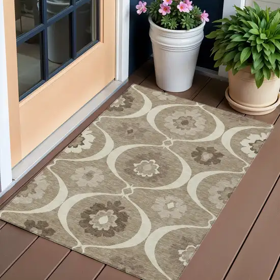 Taupe Brown And Ivory Medallion Washable Indoor Outdoor Area Rug Photo 1