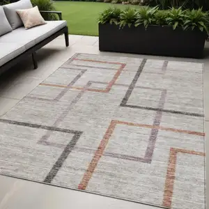 Photo of Taupe Charcoal And Copper Geometric Washable Indoor Outdoor Area Rug