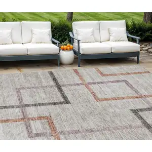 Photo of Taupe Charcoal And Copper Geometric Washable Indoor Outdoor Area Rug