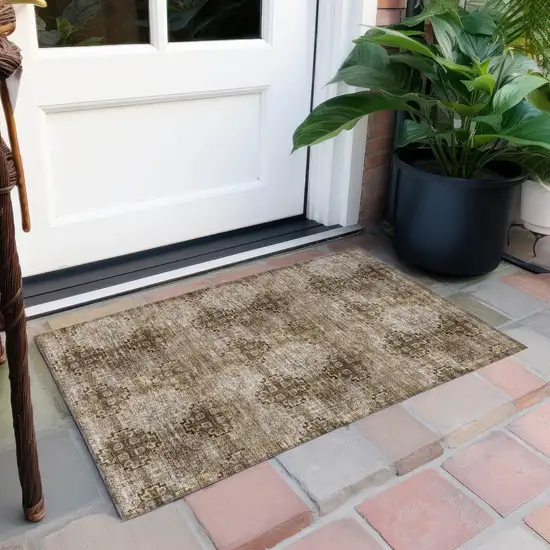 Taupe Floral Medallion Washable Non Skid Indoor Outdoor Area Rug Photo 5