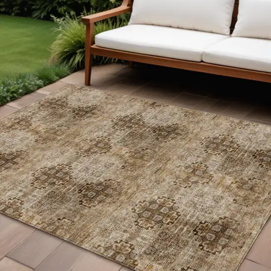 Taupe Floral Medallion Washable Non Skid Indoor Outdoor Area Rug Photo 1