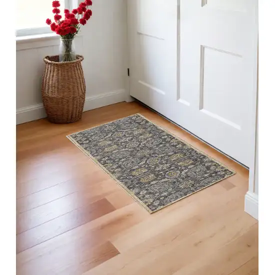 Taupe Floral Vine Bordered Wool Indoor Area Rug Photo 1