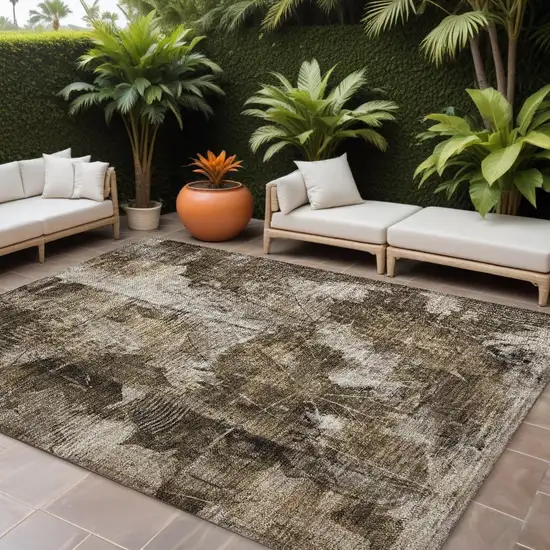 Taupe Floral Washable Non Skid Indoor Outdoor Area Rug Photo 1